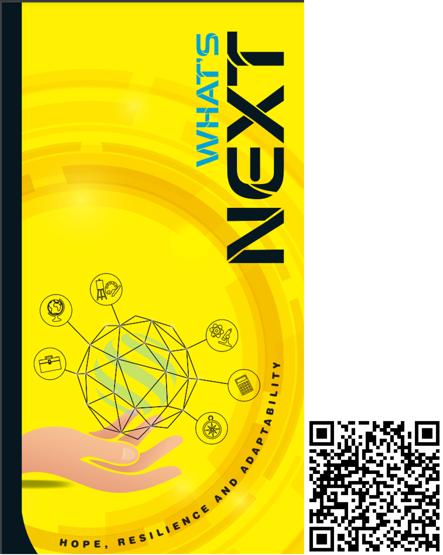 Yellow book cover titled "What's Next" with a hand holding a geometric globe and icons, text reads Hope, Resilience and Adaptability.